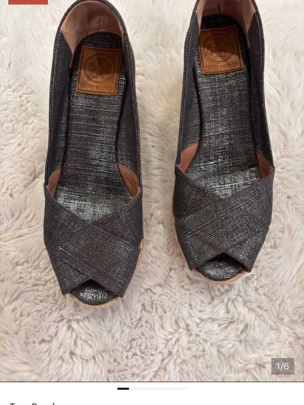 Tory Burch Metallic Charcoal Crisscross Peep-Toe Wedges
